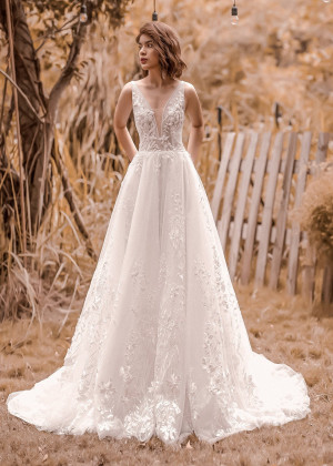 Ivory Beaded Lace Tulle V Back Wedding Dress